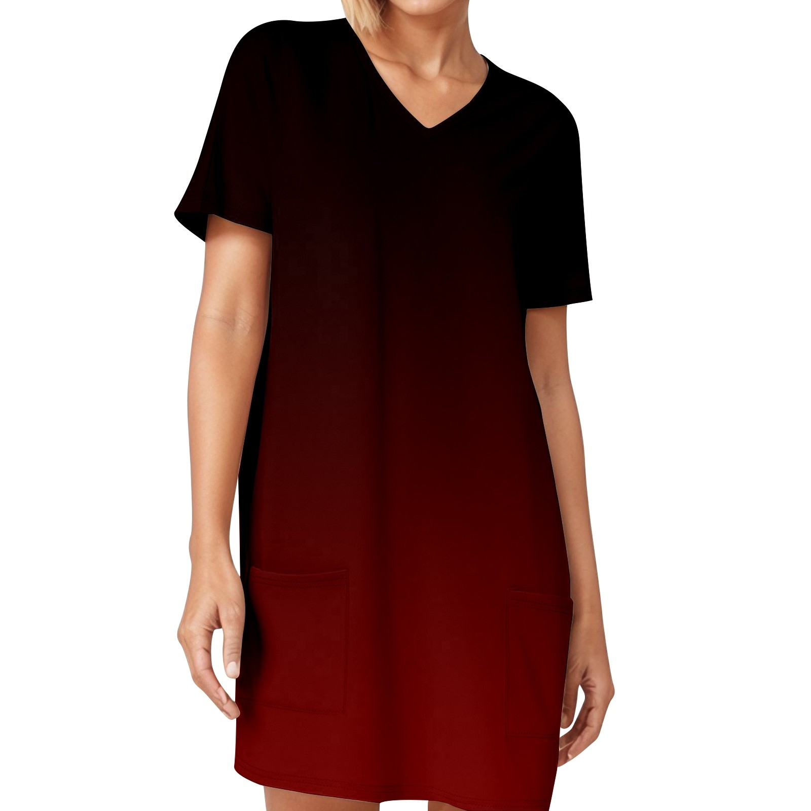 thumbnail image 1 of Vestido informal holgado de manga corta con estampado y bolsillos, cuello en V: estampado elegante, bolsillos funcionales, corte holgado., 1 of 5